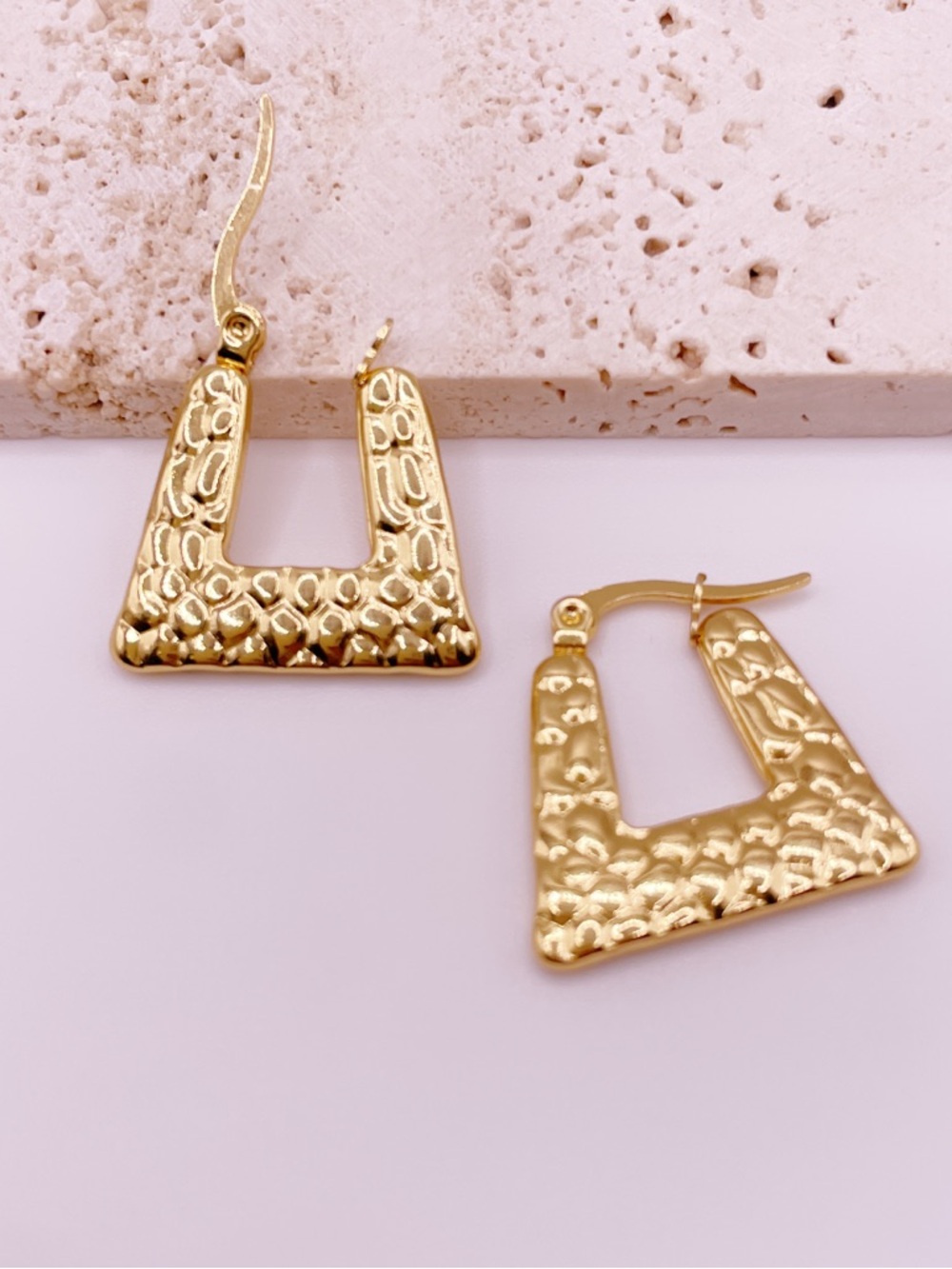 Gold Textured Square Hoop Earrings - Women Jewelry